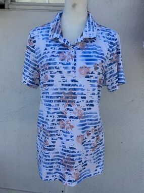 Puma White Blue Striped Floral Short Sleeve Polo